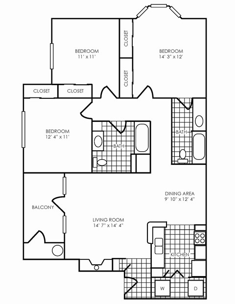 Floor plan for 3 beds, 2 baths, 1328 sqft